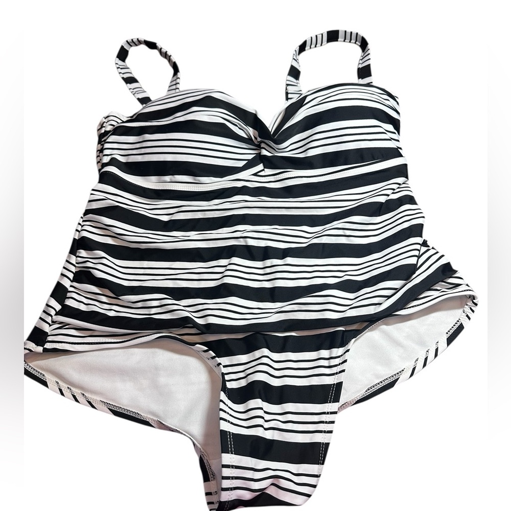Catalina Black White Striped One Piece adjustable straps‎ Swimsuit 2X 18W 20W